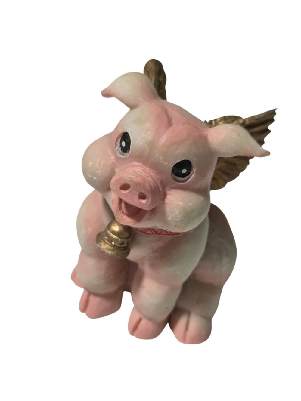 Flying Pig Figurine Gold Wings Bell Pink White Ceramic Collectible Decor Angel